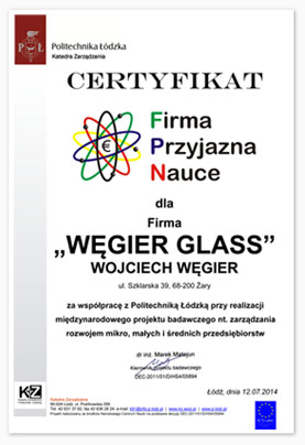 Zertifikat - wiseenschaftsfreundliche Firma, Węgier Glass, Politechnika Łódzka (Fachhochschule Lodz) Zertifikat - wiseenschaftsfreundliche Firma, Węgier Glass, Politechnika Łódzka (Fachhochschule Lodz)